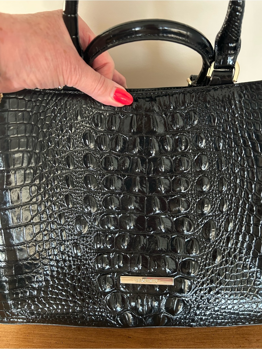 Brahmin Black Croc-Embossed Satchel with Gold Accents - Picture 3 of 8